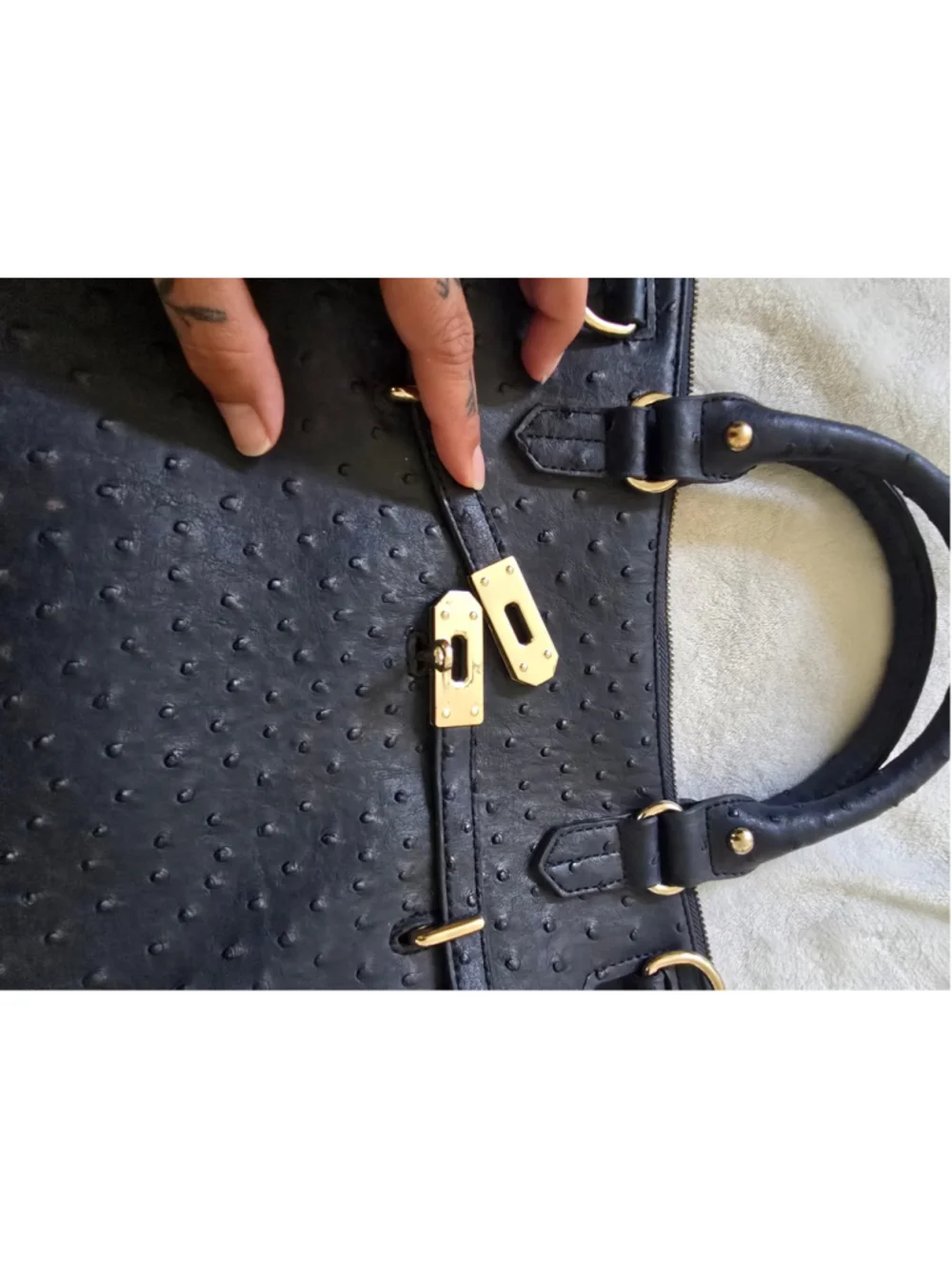 Genuine Leather Ostrich Embossed Birkin Style Top Handle Satchel Black-Navy Gold